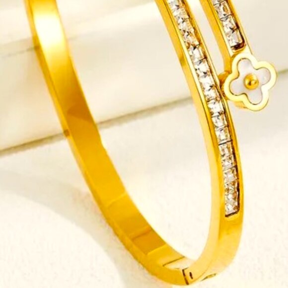 DAINTY SLIM GOLD DIPPED WRAP CUFF BLACK & WHITE CLOVER WHITE CZ'S ALONG THE SIDE - Picture 2 of 3